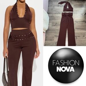 Fashion Nova Brown Studded Behavior Ribbed Pant Set size Small Women